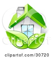 Poster, Art Print Of Two Big Green Organic Dewy Leaves In Front Of A Home With A Green Roof