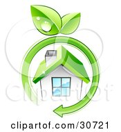 Poster, Art Print Of Green Arrow With Dewy Leaves Circling A Small White Eco Friendly Home With A Green Roof