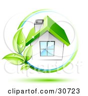Clipart Illustration Of A Vine With Dewy Green Leaves Circling A White House With A Chimney And Green Roof