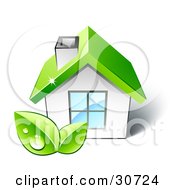 Poster, Art Print Of Two Dewy Green Leaves In Front Of A Small White Home With A Big Window And A Green Roof