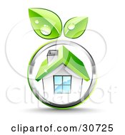 Poster, Art Print Of Green Leaves Growing On A Chrome Circle Around A White House With A Green Roof