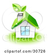 Poster, Art Print Of Dewy Leaves Above The Chimney Of A White Home With A Green Roof