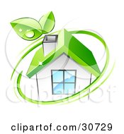 Clipart Illustration Of A Green Circle With Dewy Leaves Around An Eco Friendly White House With A Green Roof by beboy #COLLC30729-0058
