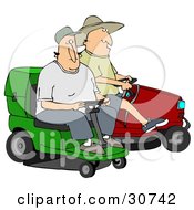 Two Guys Operating Green And Red Riding Lawn Mowers