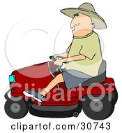 White Man In A Sun Hat Driving A Red Riding Lawn Mower