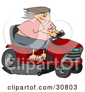 White Woman Having Fun Her Hair Blowing Back In The Wind While Racing A Red Riding Lawn Mower