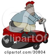 Black Guy Biting His Lip While Steering A Red Riding Lawn Mower In A Race