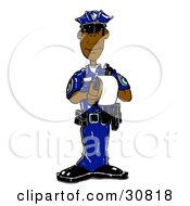 Clipart Illustration Of A Black Male Cop In A Blue Uniform Standing And Issuing A Warning Or Ticket While On Patrol by Spanky Art #COLLC30818-0019