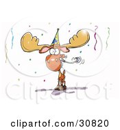 Clipart Illustration Of A Happy Moose Wearing A Hat And Blowing A Noise Maker At A Birthday Or New Years Eve Party by Spanky Art #COLLC30820-0019