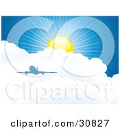 Poster, Art Print Of Blue Silhouetted Airplane Above Puffy White Clouds In A Blue Sky With A Sun And Rays Of Sunshine