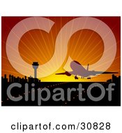 Clipart Illustration Of A Commercial Airliner Silhouetted Against A Red Sunset While Landing Or Departing On A Runway Near A City Skyline