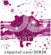 Clipart Illustration Of A Sparkling Purple Disco Ball On An Abstract Purple And White Grunge Background With Drips And Splatters
