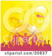 Poster, Art Print Of Pink Silhouetted Crowd Partying In Front Of A Yellow Disco Ball Planet With Palm Trees Butterflies A Plane And Equalizer Bars Under A Yellow Sun