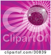 Clipart Illustration Of A Spinning Purple Disco Ball With Stars On A Purple Background Of Light Rays