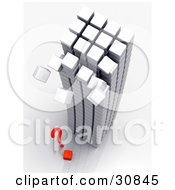 Poster, Art Print Of 3d Rendered Tower Made Of White Cubes Toppling Over Onto A Red Question Mark And Cube