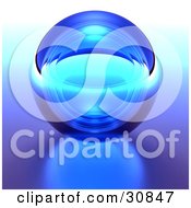 3d Rendered Blue Transparent Glass Crystal Ball Or Orb On A Reflective Surface