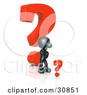 Poster, Art Print Of 3d Rendered Black Person Standing In Front Of A Red Question Mark And Thinking Looking At A Smaller Question Mark