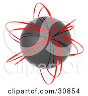 Poster, Art Print Of 3d Rendered Black Orb Circled By Red Arrows Pointing In The Same Spot Symbolizing Solutions And Goals