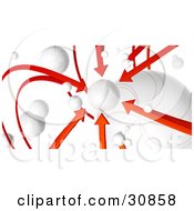 Poster, Art Print Of 3d Rendered Network Of Red Arrows And White Orbs All Arrows Pointing To One Planet