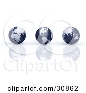 Poster, Art Print Of 3d Rendered Line Of Three Blue Grid Globes Reflecting On A White Surface