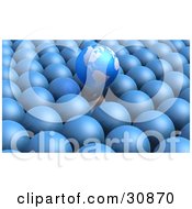 3d Rendered Planet Earth Hovering Above A Crowd Of Plain Blue Planets