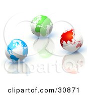 3d Rendered Blue Green And Red Globes On Reflective Surfaces