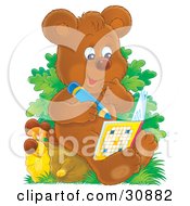 Poster, Art Print Of Smart Bear Cub Sitting On A Tree Stump Writing In A Puzzle Book