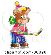 Clipart Illustration Of A Bear Cub Holding A Stick And Playing Ice Hockey