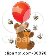 Clipart Illustration Of A Cute Brown Bear Cub Floating Up Into The Air And Holding Onto A Red Helium Party Balloon Surrounded By Curious Honey Bees by Alex Bannykh #COLLC30898-0056