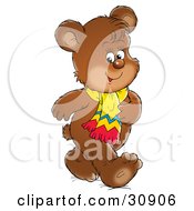 Poster, Art Print Of Happy Bear Cub Talking A Walk And Wearing A Scarf