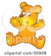 Happy Yellow Bear Cub Sitting On The Floor And Holding His Arms Up