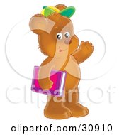 Poster, Art Print Of Friendly Brown Bear Cub Student Wearing A Green And Yellow Hat Carrying A Pink And Purple School Book And Waving