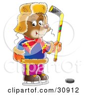 Clipart Illustration Of A Bear Cub Holding A Stick And Standing Near A Puck While Playing Ice Hockey by Alex Bannykh