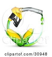 Two Ears Of Golden Corn On A Blue And Green Circle Under A Dripping Yellow Gas Nozzle