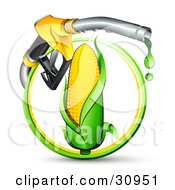 Poster, Art Print Of Yellow Gas Nozzle Dripping Over An Ear Of Corn In A Green And Yellow Circle