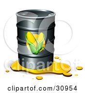 Poster, Art Print Of Leaking Barrel Of Ethanol Fuel With Corn Labels On The Front