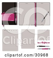 Poster, Art Print Of Set Of Spiral Notebook Pages Pens And A Brown And Pink Journal License The Vector File For Optimal Results