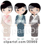 Poster, Art Print Of Set Of Three Japanese Paper Doll Women In Pink Blue And Brown Kimonos And Slippers