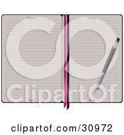 Pen Resting On Top Of Blank Lined Pages Of An Open Notebook With Pink And Black Ribbons