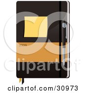 Clipart Illustration Of A Pen And Sticky Note Resting On Top Of A Brown And Orange 2009 Notebook