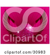 Clipart Illustration Of A Sparkling Winged Pink Disco Ball Over A Bursting Pink Background