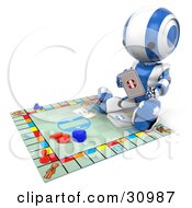 Blue Ao-Maru Robot Sitting On The Floor And Reading A Card To A Board Game
