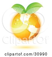 Clipart Illustration Of An Orange Globe With Green Leaves Sprouting From The Tops With An Orange Shadow