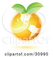 Poster, Art Print Of Orange Globe With Green Leaves Sprouting From The Tops With An Orange Shadow