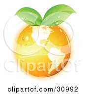 Clipart Illustration Of Dew On An Orange Grid Globe With Green Leaves Sprouting From The Top