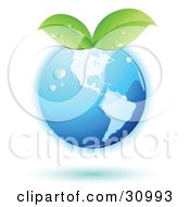 Poster, Art Print Of Blue Globe With Green Leaves Sprouting From The Tops With A Blue Shadow