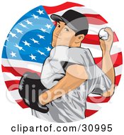 Poster, Art Print Of Athletic Male Baseball Pitcher Pitching A Ball In Front Of An American Flag