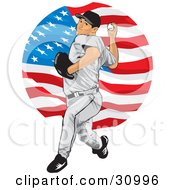 Poster, Art Print Of Athletic Male Baseball Pitcher Over A Background Of The American Flag