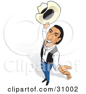 Clipart Illustration Of A Friendly Cowboy Holding His Hat Out Looking Up And Smiling by David Rey #COLLC31002-0052