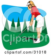 Poster, Art Print Of Caucasian Lady In A Visor Hat Preparing To Swing Her Golf Club